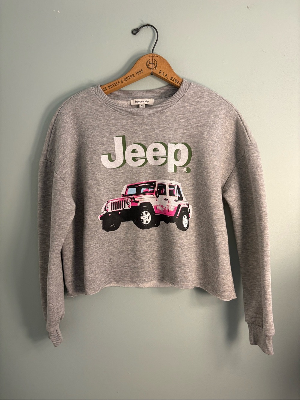 Francesca's Collections Gray Cropped Sweatshirt with Pink Jeep Graphic